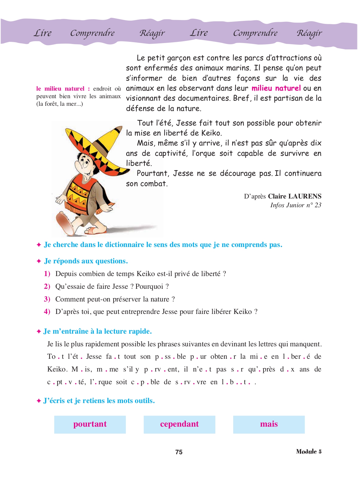 Page 75 du manuel : fin du texte, questions de compréhension et lecture rapide